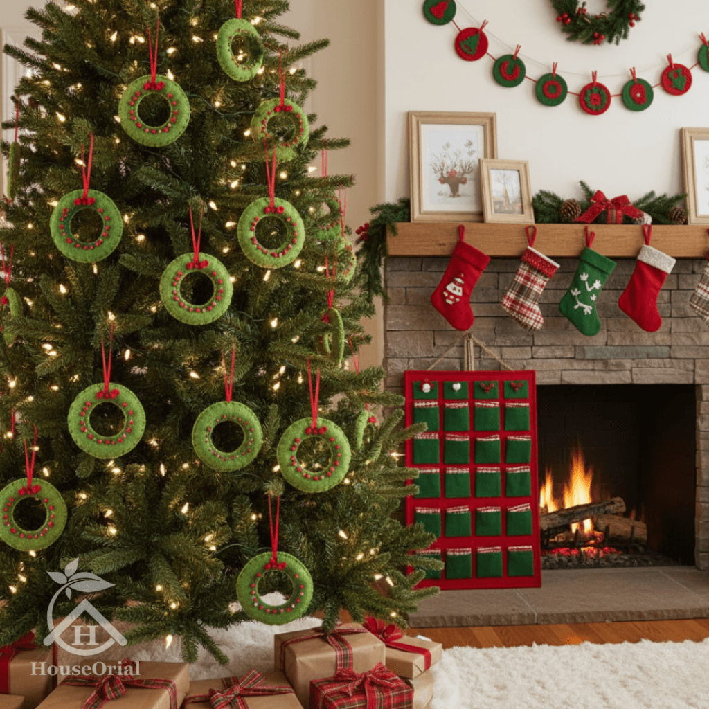 15 Viral Homemade Christmas trees decorations – All Under $5 Each 16 Adorable homemade Christmas trees decorations – tiny green felt mini wreaths with red pom-pom berries hanging in clusters.