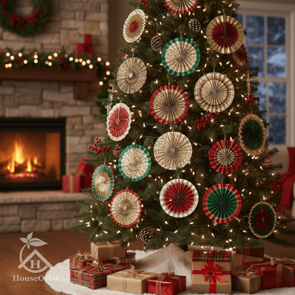 15 Viral Homemade Christmas trees decorations – All Under $5 Each 15 Viral TikTok homemade Christmas trees decorations 2025 – colorful accordion paper fan medallions with glitter centers in multiple sizes.