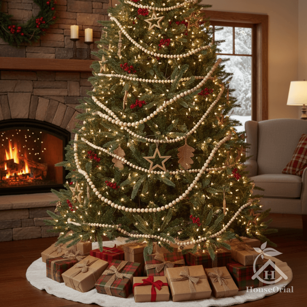 15 Viral Homemade Christmas trees decorations – All Under $5 Each 14 Farmhouse-Scandi homemade Christmas trees decorations – matte black, white, and natural wooden bead garland with mini pinecones.