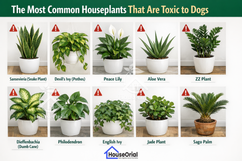 An infographic illustrating several houseplants that are toxic to dogs with a red warning icon.