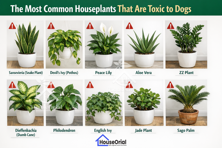 10 Houseplants That are Toxic to Dogs 22 An infographic illustrating several houseplants that are toxic to dogs with a red warning icon.