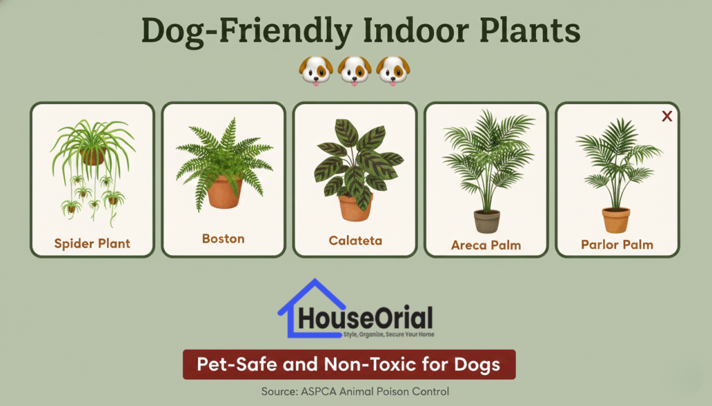 A collection of five dog-friendly indoor plants arranged in a bright room with a happy dog sitting nearby.