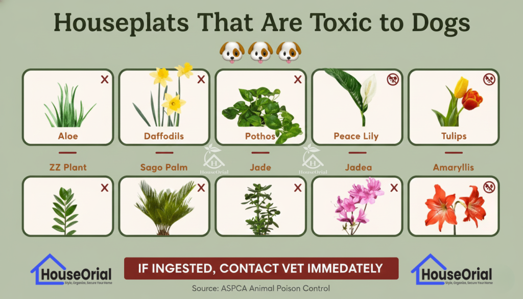 An infographic showing various indoor plants that are toxic to dogs with a warning sign