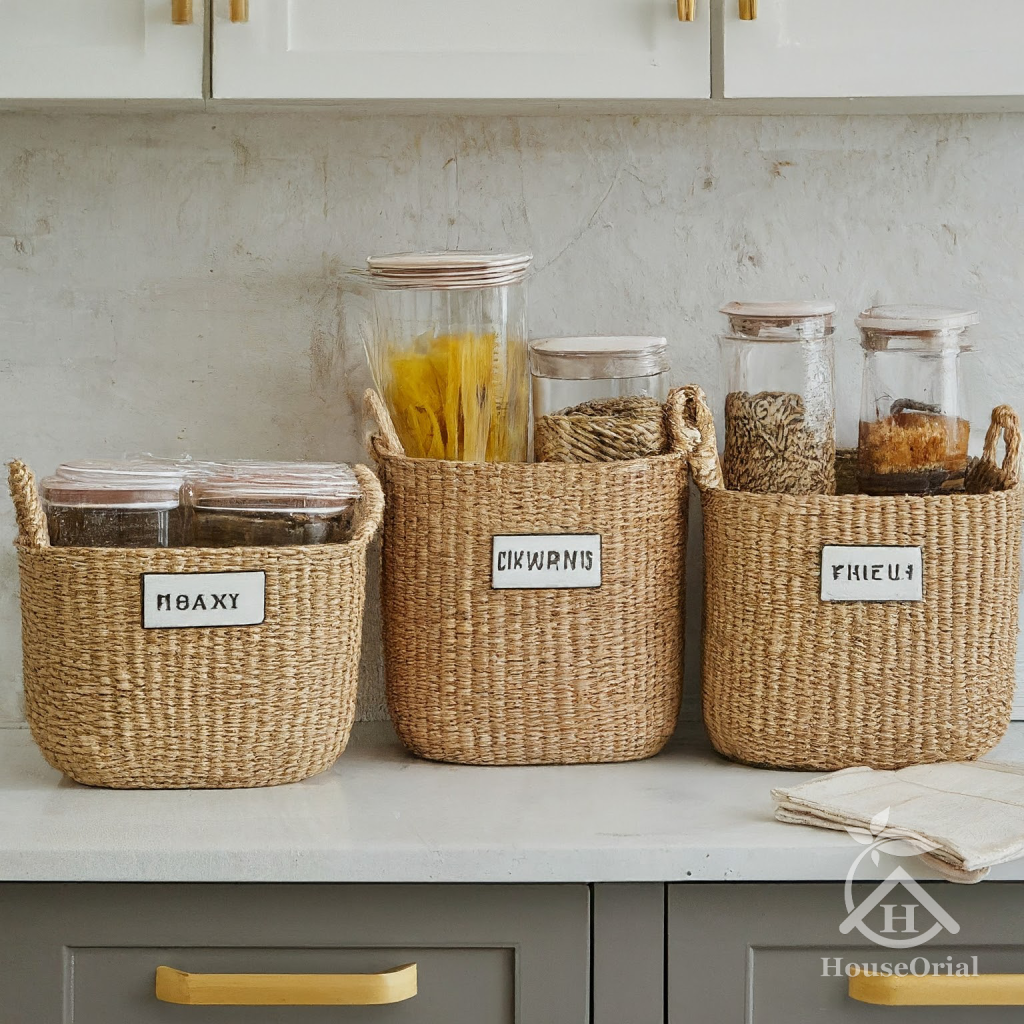 Storage baskets solution to organize a small kitchen without cabinets.