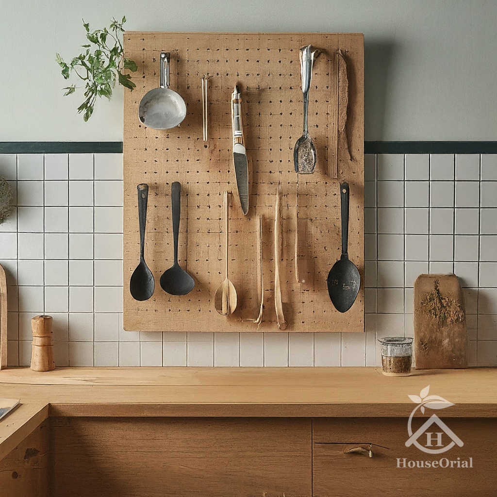 Pegboard wall storage to organize a small kitchen without cabinets