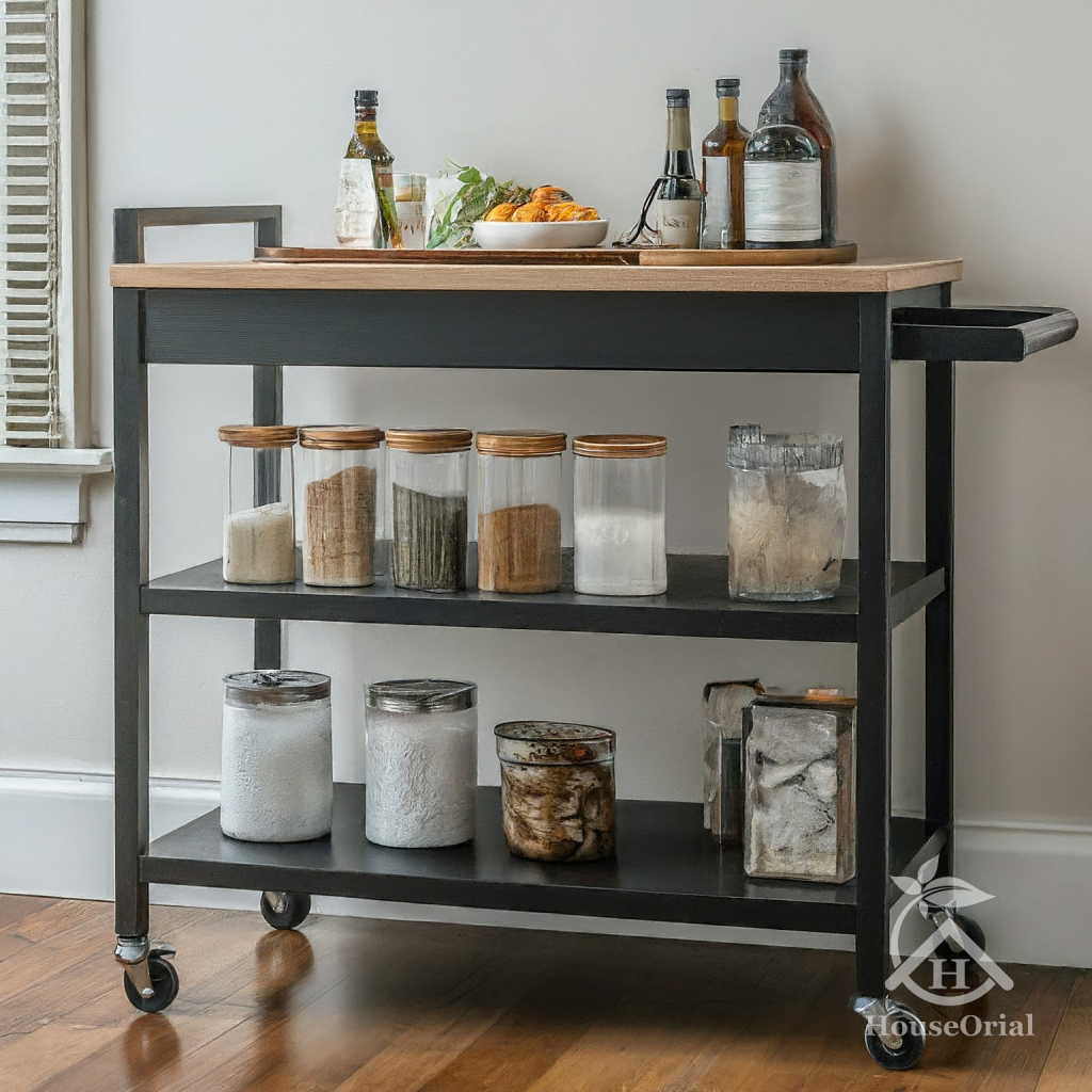 Rolling cart storage idea to organize a small kitchen without cabinets.