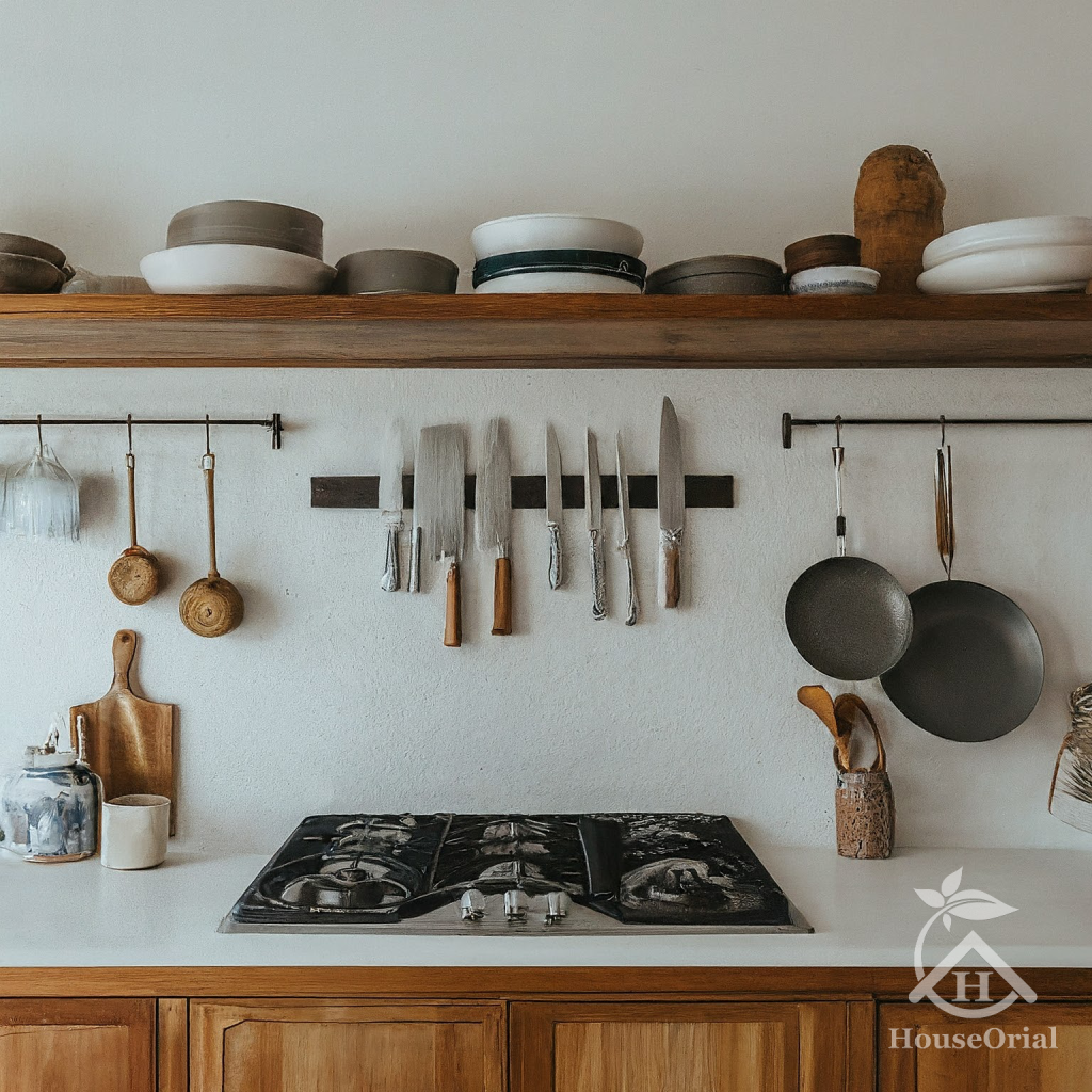 Hooks and racks ideas to organize a small kitchen without cabinets.