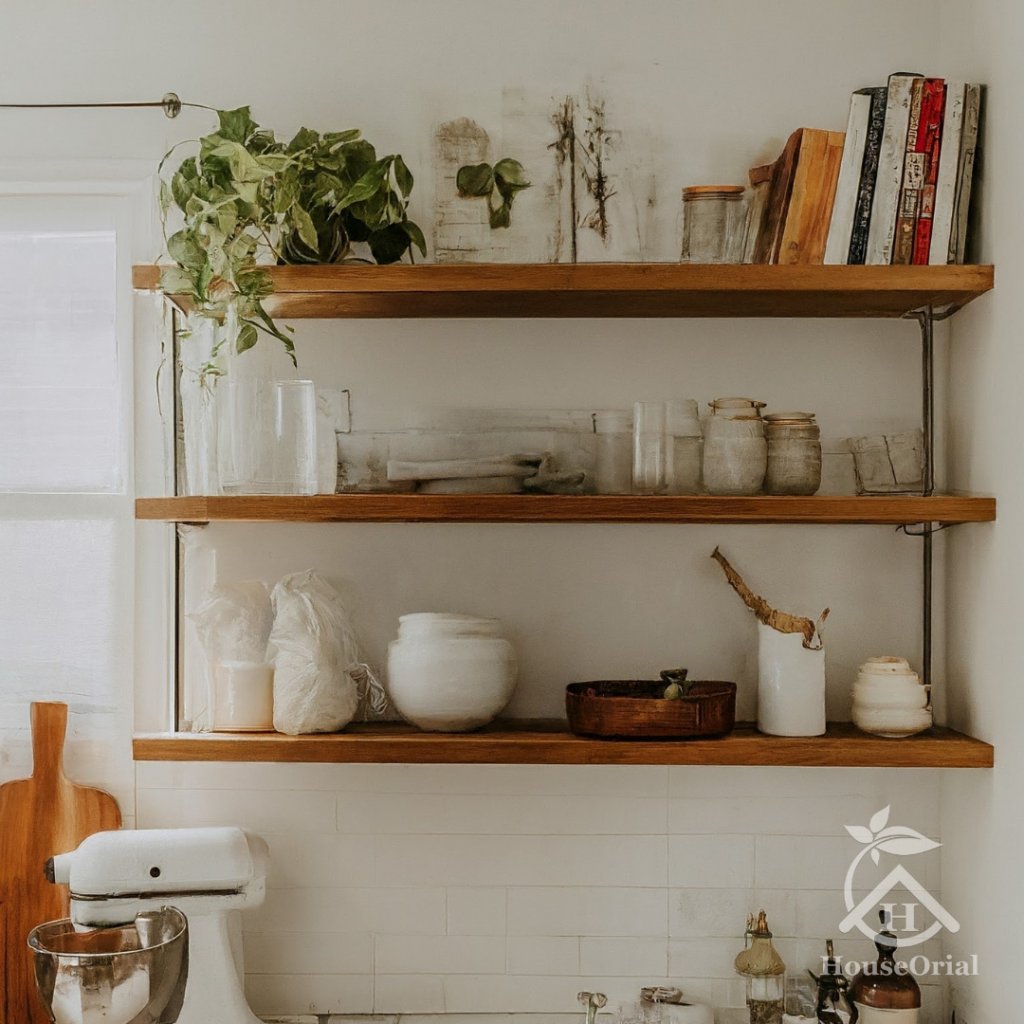 Open shelves to organize small kitchen counter and free up clutter.