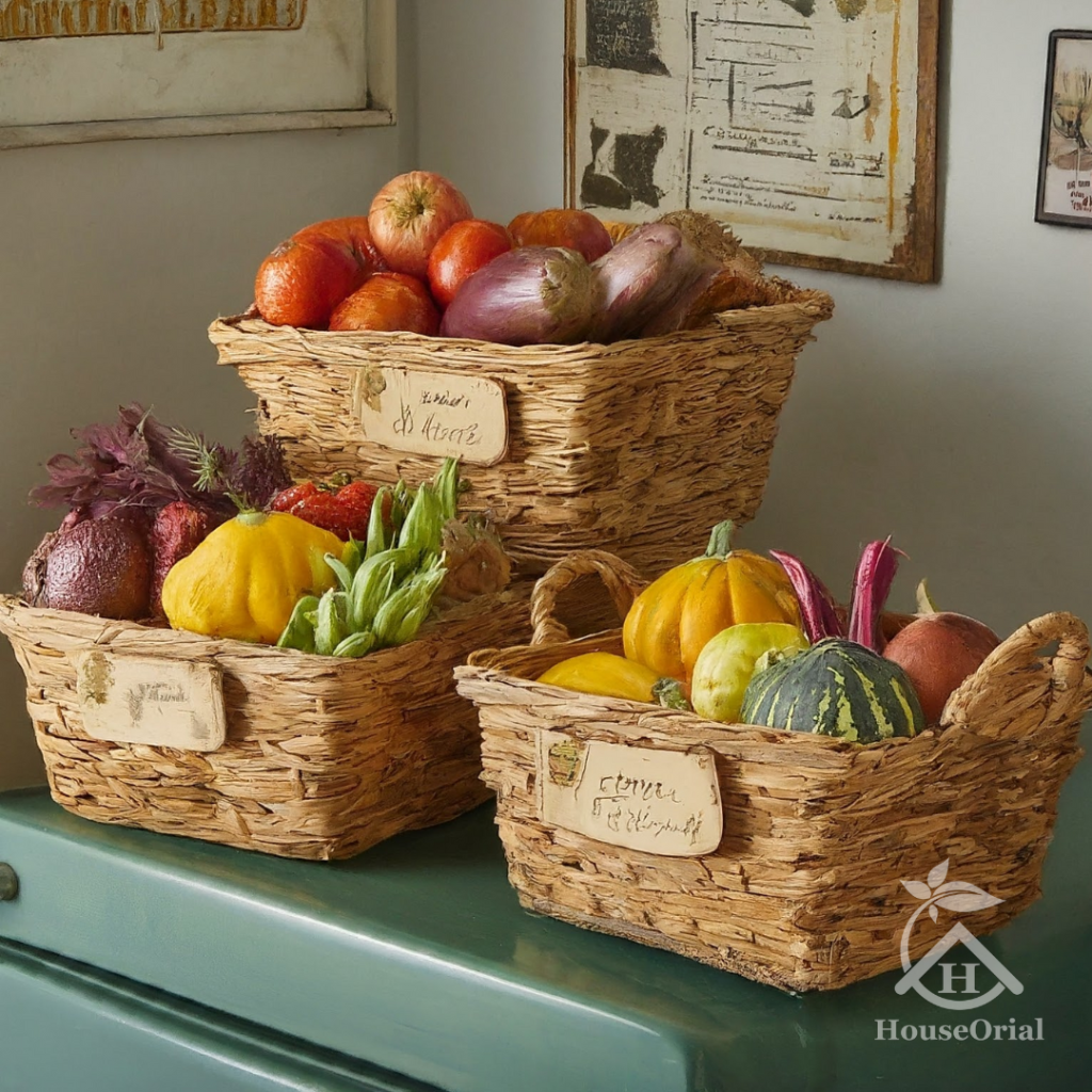 Hanging baskets to organize small kitchen counter for fruits and pantry items.