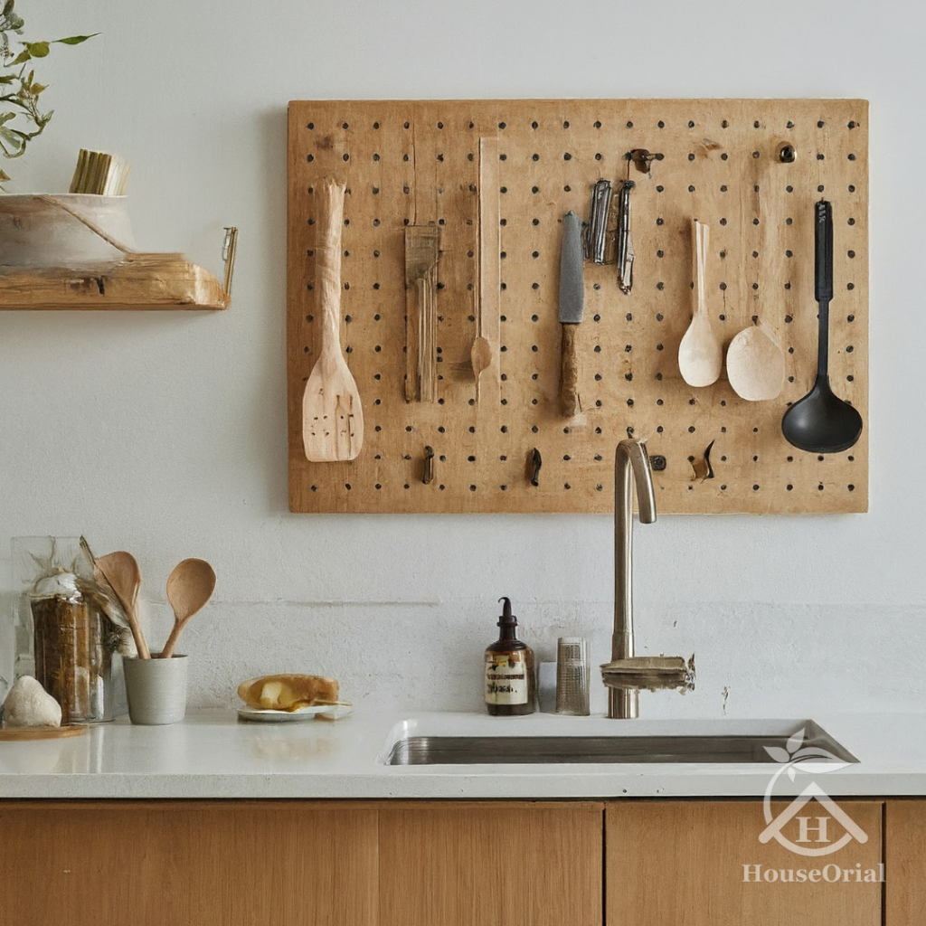 Pegboard with hanging utensils, spoons and pots in small kitchen counter organization.