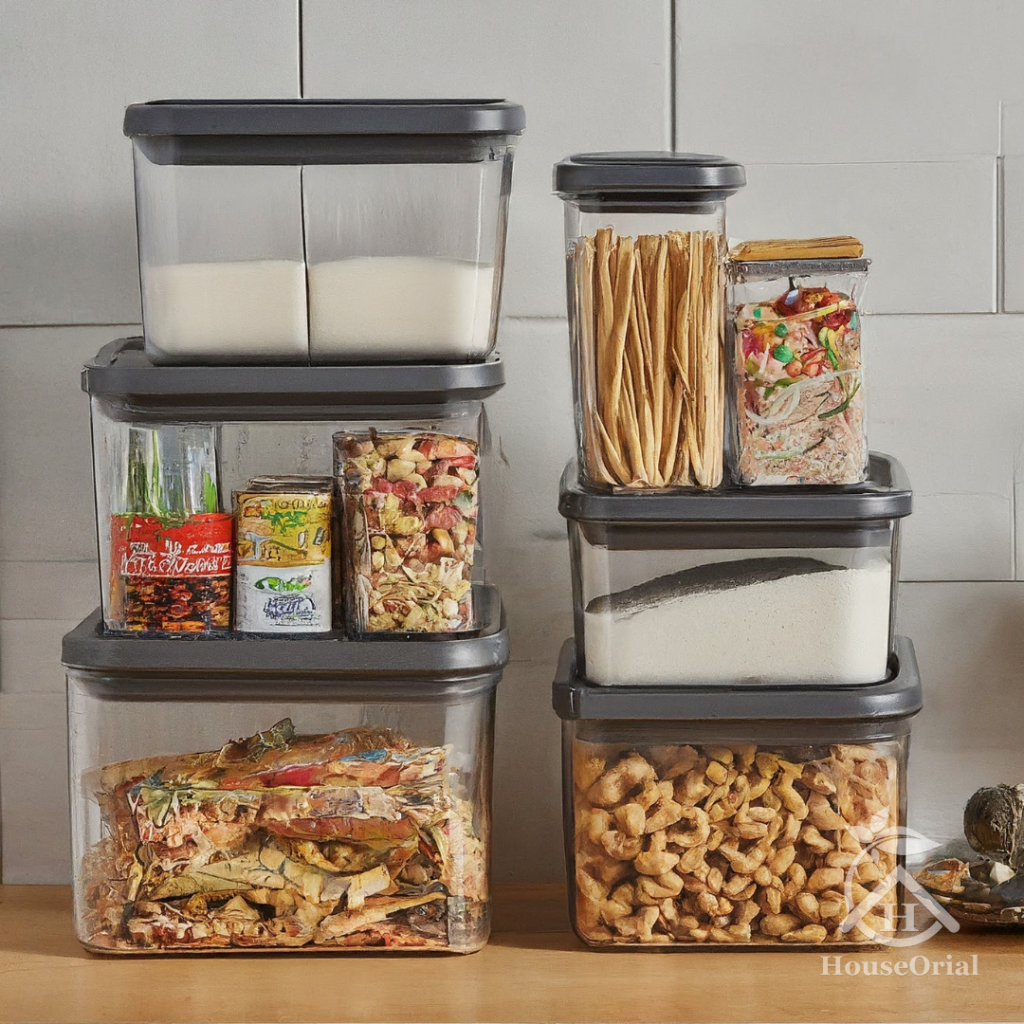 Stackable airtight containers for flour, sugar and grains in small kitchen counter organization.