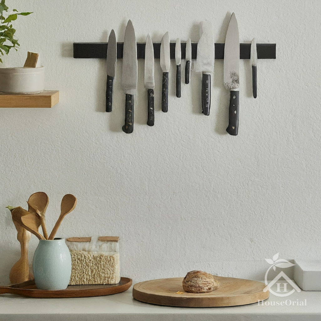 Wall-mounted magnetic knife strip in small kitchen counter organization.
