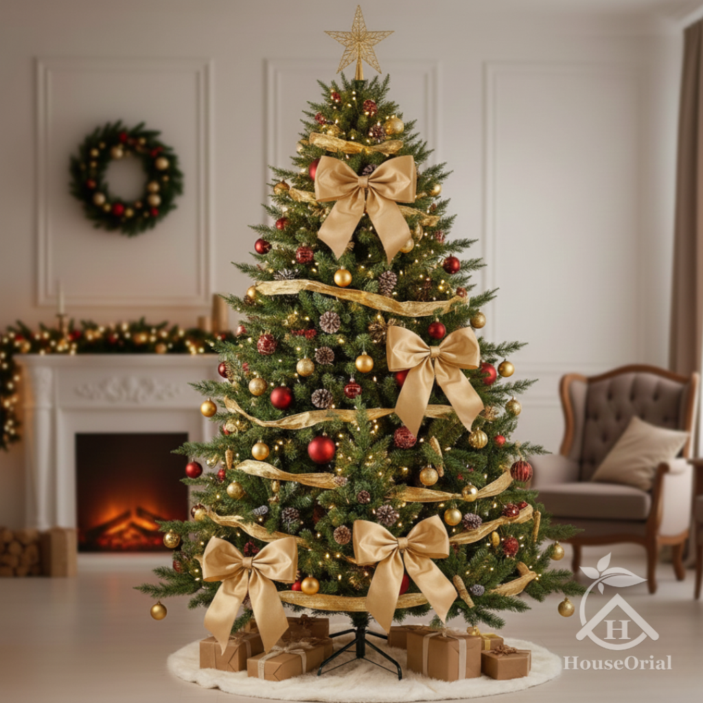 Elegant oversized ribbon bows used as decorative fillers on a luxury Christmas tree.