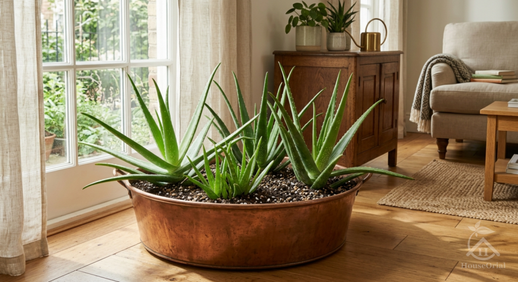 Aloe vera plants in a copper planter by a bright window in a living room