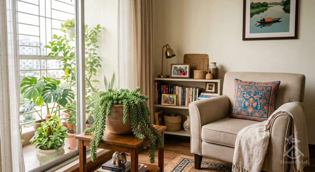 Burro’s Tail in a pot on a table in a bright living room with other houseplants nearby
