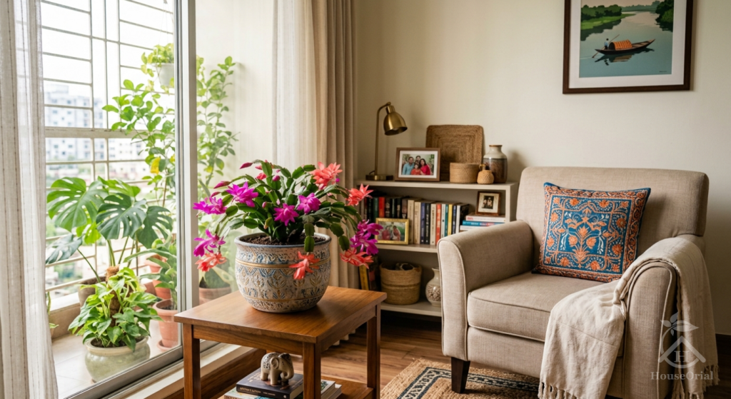 Christmas cactus in a decorative pot on a table in a bright living room