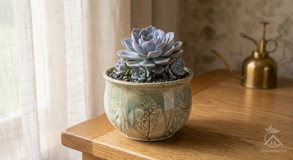 Echeveria in a decorative pot on a wooden table by a window