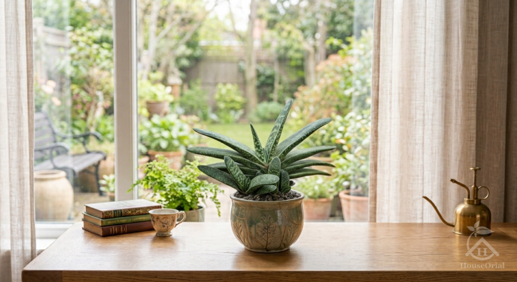 Healthy Gasteria growing in a decorative indoor pot