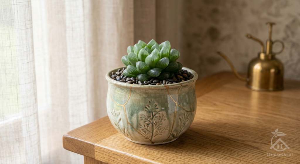 Haworthia in a decorative pot on a wooden table by a window