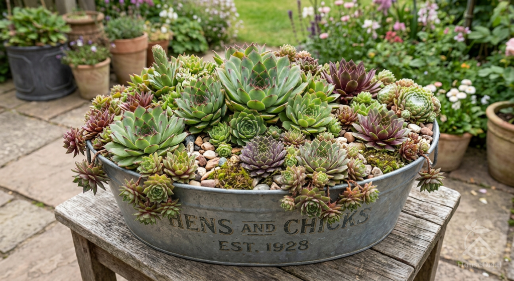Hens and chicks succulents planted in a metal container on a wooden table