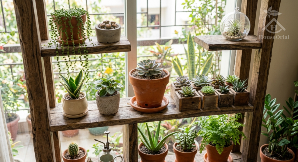 Indoor succulent shelf display with mixed varieties and natural wood accents .