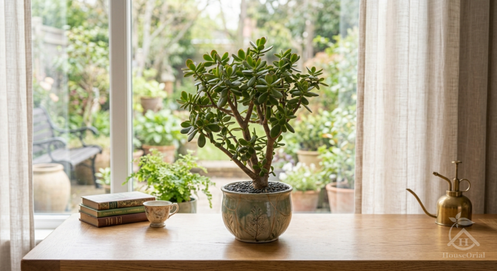 Jade plant in a decorative pot on a table by a bright window