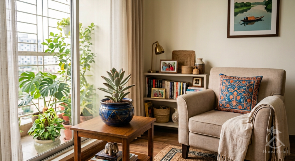 Indoor living room with a potted succulent on a table beside a bright window and other houseplants outside