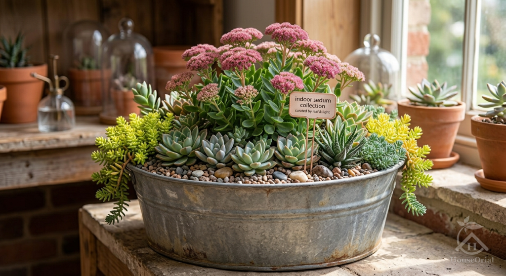 Indoor sedum collection in a metal planter with pink blooms and trailing succulents