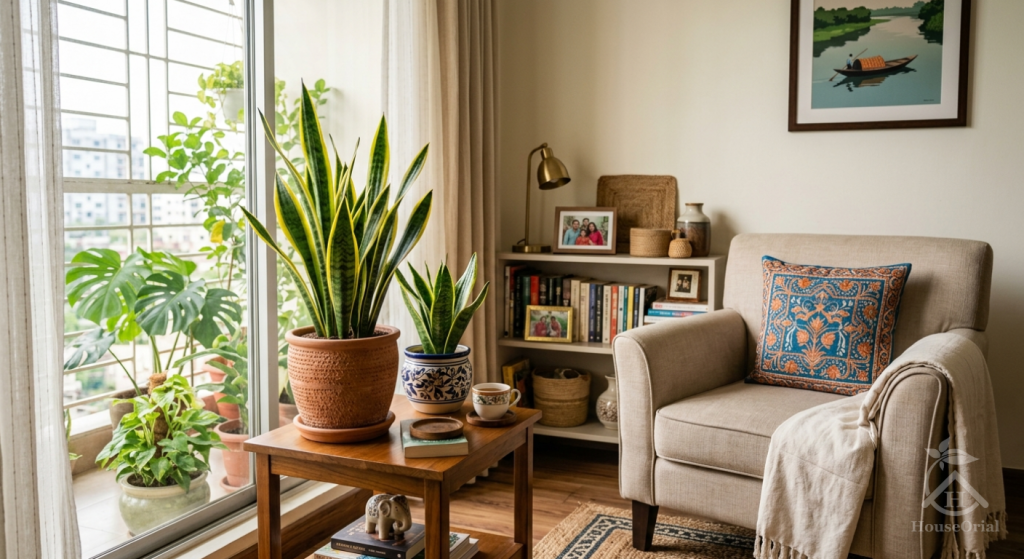 Snake plant in a living room by a bright window