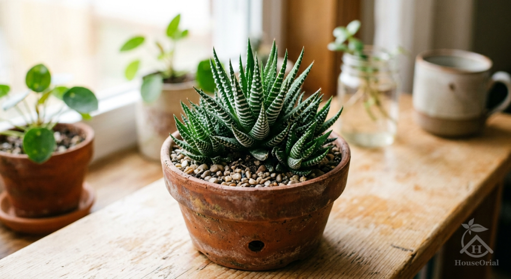 Zebra Haworthia in a terracotta pot on a windowsill, with other potted plants in the background